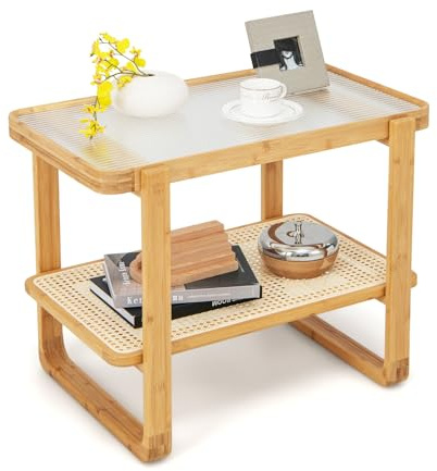 COSTWAY Beistelltisch, Couchtisch mit abnehmbarer Glasplatte und Rattanablage, Kaffeetisch mit Gestell aus Bambus, Nachttisch 70,5 x 44,5 x 54,5 cm, Natur