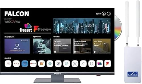Falcon 27 Inch WebOS Combo Smart TV with 150Mbit mobile Router, Mirrorcast,Apple Play, DVD Player, 12/24V Camping TV, Triple Tuner, Freesat, Freeview, Bluetooth, Voice Control, Pitch Perfect Sound