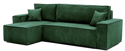 GREKPOL 244x145 Sofa mit Schlaffunktion (200x125) - Cord Sofa 3 Sitzer - Dunkelgrun Ecksofa mit Schlaffunktion und Bettkasten - Schlafsofa mit Bettkasten - Couch