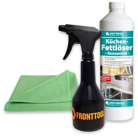 HOTREGA Küchen Fettlöser Küchenreiniger, Herdreiniger (1 Liter, Microfasertuch, Sprühflasche)