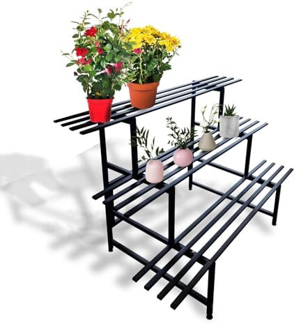 MAKA Porta Piante da Interno ed Esterno, Piedistallo per Piante, Fioriera da Esterno in Metallo, Porta Vasi da Balcone, Portafiori in Ferro, Portata MAX 30 Kg, Piedini Regolabili (3 ripiani 80cm)