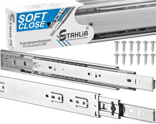 Stahlia Schubladenschienen VOLLAUSZUG 45 x 750mm (4 STÜCK) Softclose (mit Selbsteinzug & Dämpfung) Teleskopschiene|Tragkraft 35 kg/Paar |Kugellager mit Stahlkäfig