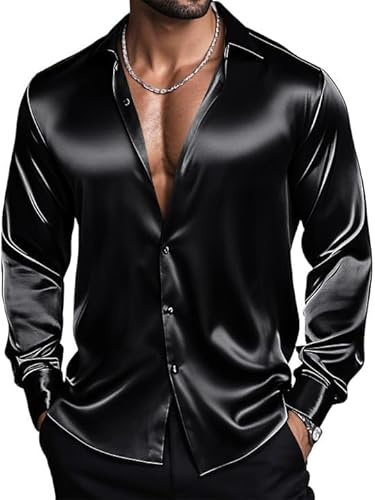 Barry.Wang Camicie da uomo a maniche lunghe eleganti elasticizzate tinta unita con bottoni in raso per occasioni formali, casual, lavoro, matrimoni, feste, Nero satinato., L