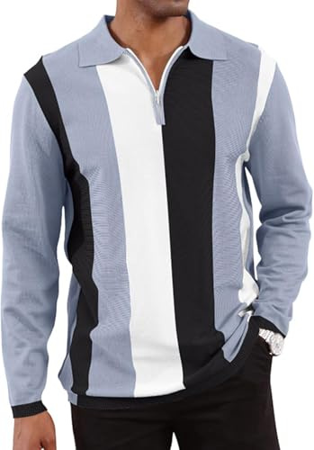 Camisas polo de moda para hombre con diseño vintage a rayas de punto, camisas casuales de manga larga para golf, L