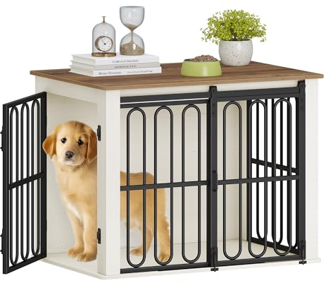HEXCELEN Dog Crate Furniture, 81 × 55 × 62.4 cm, Wooden Dog Crate with Double Doors, Sliding Doors, End Side Table Animal Crates for Small Dogs, White Brown, Animal Cage Furniture for Home
