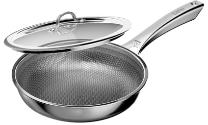 EvoFar 24cm Tri-Ply Stainless Steel Non Stick Frying Pan with Lid, Induction Pan for Even Heat Cooking, Heat-Resistant Handle, Suitable for All Hobs