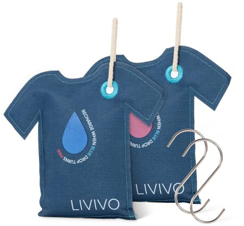 LIVIVO T-Shirt Shaped Hanging Dehumidifier Bags 200g – 2 Pack Reusable Silica Gel Moisture Absorbers with Colour Indicator - Damp Remover for Wardrobe, Home, Cupboards, Car & Caravan