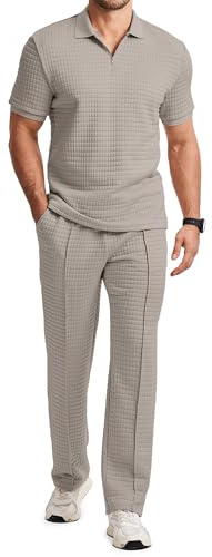 JMIERR Mens Summer Outfits 2 Piece Short Sleeve Sets Beach Quarter Zip Polo Shirts Casual Loose Pant Loungewear Date Outfits, L, Khaki