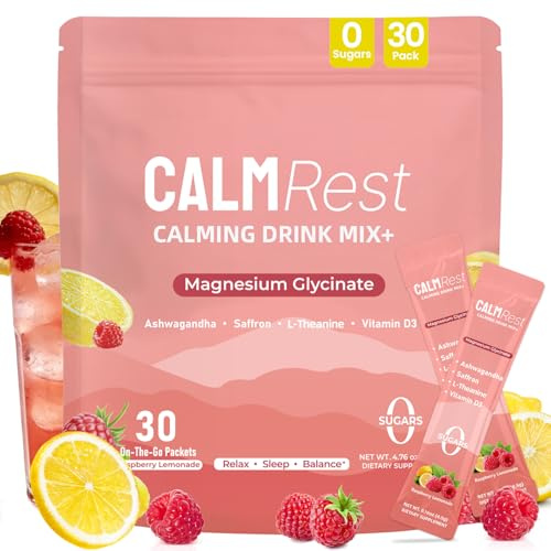 CalmRest Calm Magnesium Powder, Cortisol Supplement for Women, Supports Sleep, Stress Relief & Relaxation with Ashwagandha, Saffron, L Theanine, Vitamin D3, No Sugar, 30Ct, Raspberry Lemonade