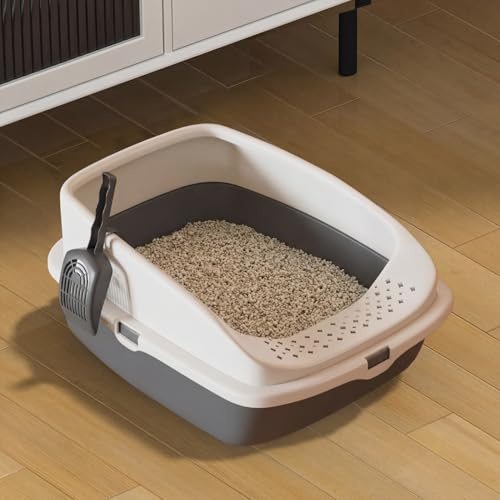 Cat Litter Tray Box, Litter Box, Plastic Cat Open Top Litter Tray with Free Scoop Kitten Detachable Rim Easy Cleaning,49 x 38 x 23cm (Dark Grey)