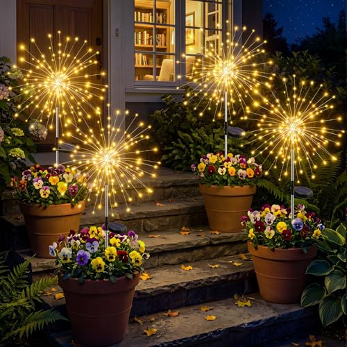 btfarm 4 Pack Solar Lights Outdoor Garden, 120 LEDs Solar Firework Lights 8 Modes, Starburst Decorative Light Powered Waterproof for Yard Lawn Patio Party Pathway Landscape Wedding Decor, Warm White