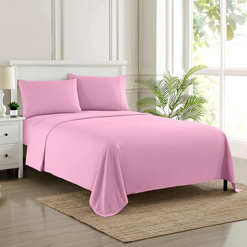 Sweet Home Collection Luxury Bedding Set with Flat, Fitted Sheet, 2 Pillow Cases, Microfiber, Pink, Full
