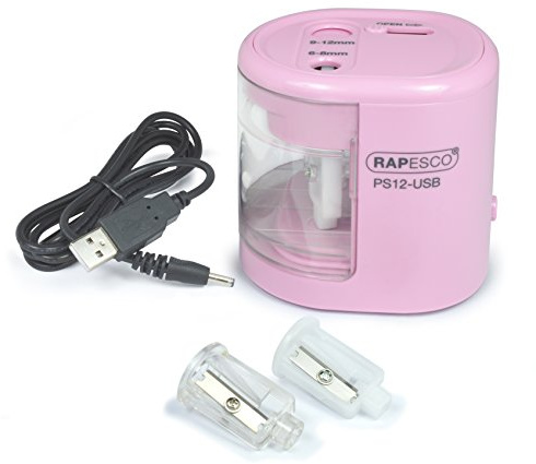 Rapesco 1446 PS12-USB Automatischer/Elektrischer Spitzmaschine, Ladung durch Batterie (nicht enthalten) oder USB, Rosa