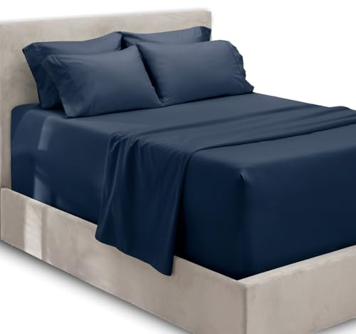 Hearth & Harbor Extra Deep Pocket Queen Sheets Sets - Fits Mattress 18-24 Inches - 6 Piece Queen Size Sheets - Navy Blue Sheets