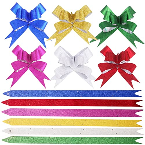 18mm Glitter Fiocco Regalo Natale,60 Pezzi Fiocchi per Imballaggio Coccarda con Nastro,Fiocchi Decorazione Riutilizzabili Pull Bow Decorazioni Feste di Matrimonio Natale Compleanno Fioristi Auto