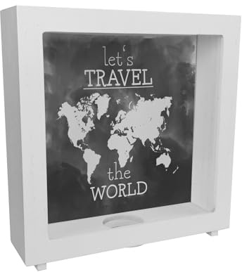 Rahmen Spardose aus Holz mit Weltkarten Motiv und Text - Let's travel The World in Schwarz Rahmen Spardose aus Holz mit Wasserfarbenmotiv und schönem Design um auf eine Weltreise
