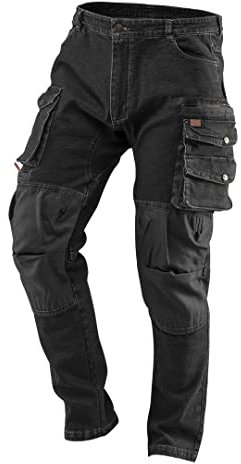 NEO TOOLS Denim Arbeitshose, schwarz, Größen XS-3XL; Baumwolle + Elasthan; verstärkte Kniepartie; Multifunktionstaschen; Werkzeugaufbewahrung; Ventilation (as3, Alpha, 3X_l, Regular, Regular)