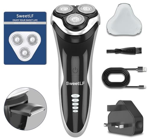 SweetLF Electric Razor for Men, 120 Min Shaving, Fast UK Adapter (1H Charging),100% Waterproof, Wet & Dry Rotary Shavers for Men with Pop-up Trimmer, LED Display, Black