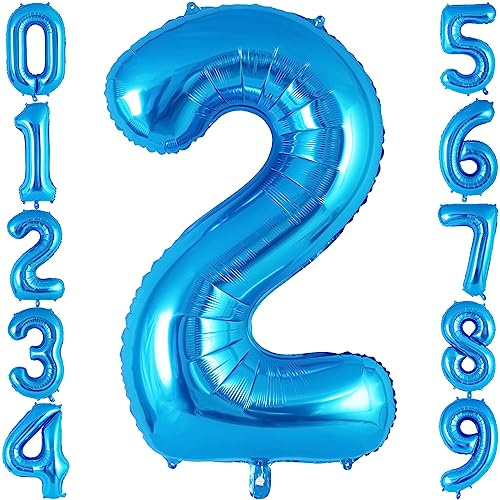Blue Number 2 Balloon 40 Inch, Big Large Foil Helium Number Balloons, Jumbo Giant Mylar Number 2 Balloons for 2 Second Birthday Party Decorations Supplies Anniversary Celebration