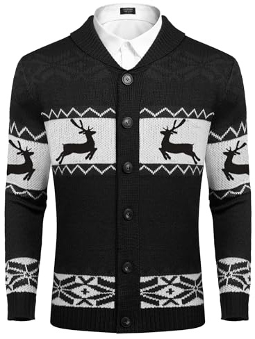 COOFANDY Men's Cardigan Christmas Sweater Knitted Sweater Reindeer Norwegian Ugly Sweater with Shawl Collar Black S