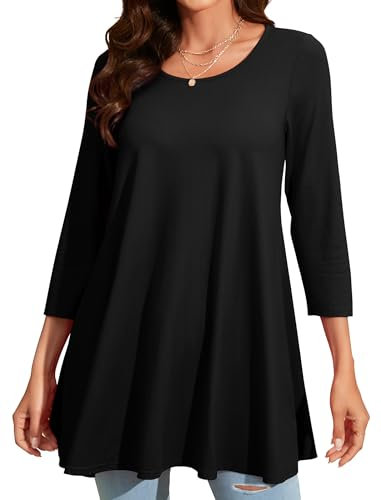 Enmain Tunika Damen Schwarz Langarm Große Größen Lange Oberteile für Frauen Elegant 3/4 Ärmel Longshirt Gemustertes Tuniken Rundhals Tops Bunt T Shirt XXL