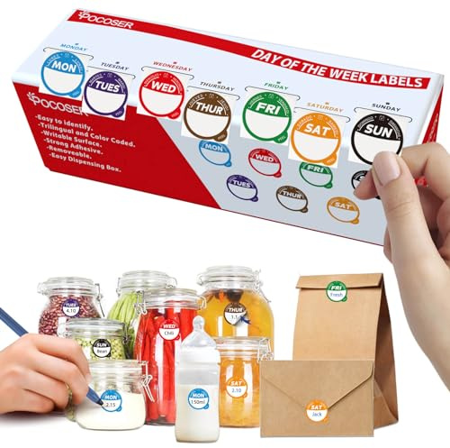 Food Label Stickers for Containers with Dispenser Box, Removable Day Dot Date Labels Peel Tab 7 Day of The Week for Home Freezer Breastmilk Restaurant Supplies Week Monthly Planners Meal Prep