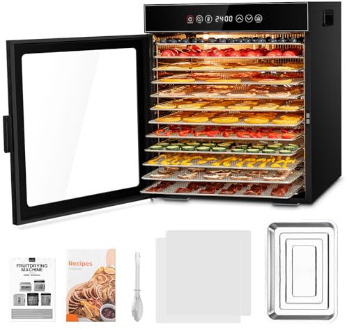 Kwasyo Deshidratador de Alimentos de 12 Bandejas de Acero Inoxidable, Todo en Negro, Estructura de Doble Capa, Gran Capacidad, Deshidratador para Frutas, Pescado, Verduras, Carne, Jerky, Hierbas