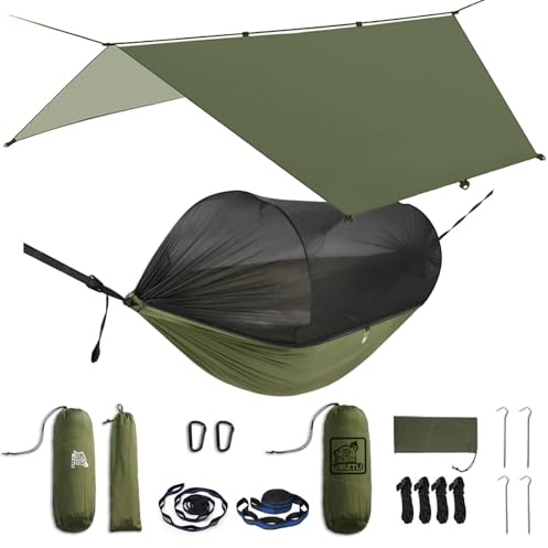 Miztli Camping Hammock with Net & Rain Fly All-in-1 - Double & Single Portable Hammock Ripstop Nylon, Complete Kit w/Adjustable Tree Straps for Backpacking, Outdoor, Travel
