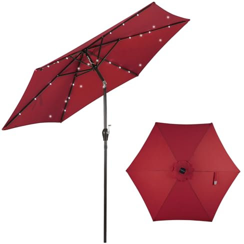 KOMFOTTEU Sonnenschirm 300 cm mit LED & Kurbel, Gartenschirm knickbar, Terrassenschirm Marktschirm aus Polyestergewebe, Ampelschirm für Oudoor Sonnenschutz (Rot)