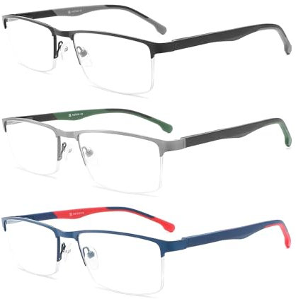 MODFANS 3-Pack Reading Glasses Men (Blue Light Blocking) Metal Frame Rectangle Style Stainless Steel Material Readers Glasses Grey/Dark Green/Red