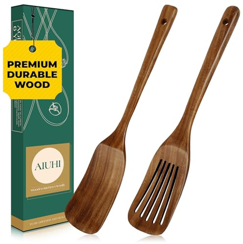 AIUHI Teak trä spatel set, långt handtag träspatel för matlagning, värmebeständiga köksredskap set innehåller slitsad spatel och stekspade