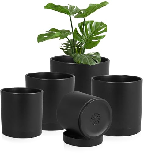 Homeuouz 5 Pack Plastic Plant Pots,17.5/15/14/12.5/10CM,Flower Pot Large Plant Pots Indoor Outdoor Plastic Plant Pot with Drainage Holes and Tray for House Plant Flower(Black)