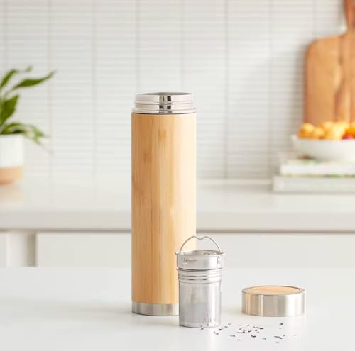 Bouteille isotherme - Gourde 550 ml en bambou avec infuseur thé, 25 cm, double paroi en acier inoxydable