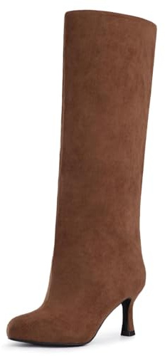 Athlefit Brown Suede Knee High Boots for Women Wide Calf Stiletto Tall Boots Fall Fashion Slouchy Heeled Long Booties Size 7
