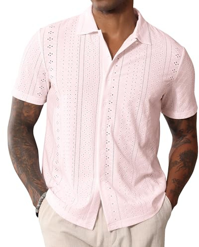 CTU Mens Short Sleeve Shirt Button Down Cuban Collared Shirts Casual Summer Beach Shirt Pink