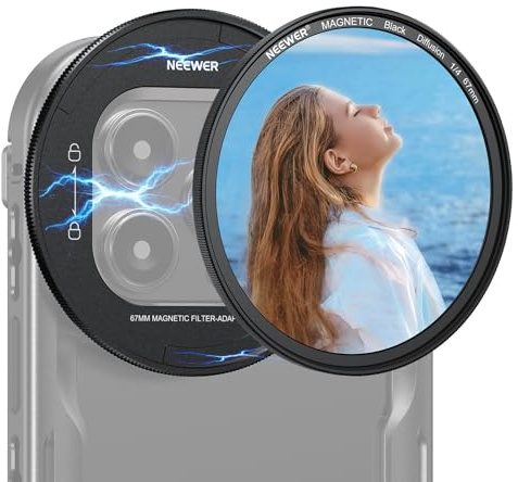 NEEWER Juego de 67mm Filtros Magnéticos Difusión Negra 1/4, Multicapa HD con Adaptador Placa Trasera para Filtro Magnético, Compatible con iPhone 16 Pro/16 Pro MAX Jaula Video Rig (PA073/PA074)