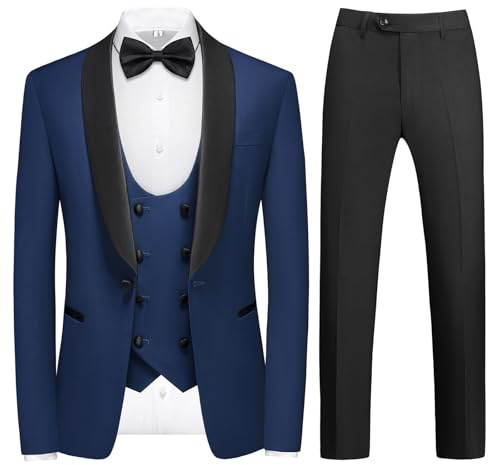 KUDMOL Mens Suit 4 Piece Tuxedo One Button Blazer Vest Trousers Set with Bow Tie for Prom Wedding Party(Dark Blue,S)
