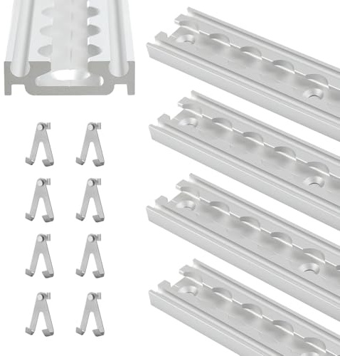 Fiqops Rails d'arrimage, 4 x 1 m, en aluminium, avec 8 crochets doubles, percés, rails d'arrimage argentés anodisés, pour camionnettes, caravanes, camions