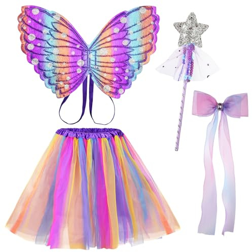 AUYAO Fjärilsvingsdräkt för barn med vingar och vingar för barn, älva, prinsessklänning med kjol, tutu-kjol, fjäril-kostym för halloween, set med 4 stjärnstavar, röd kjol