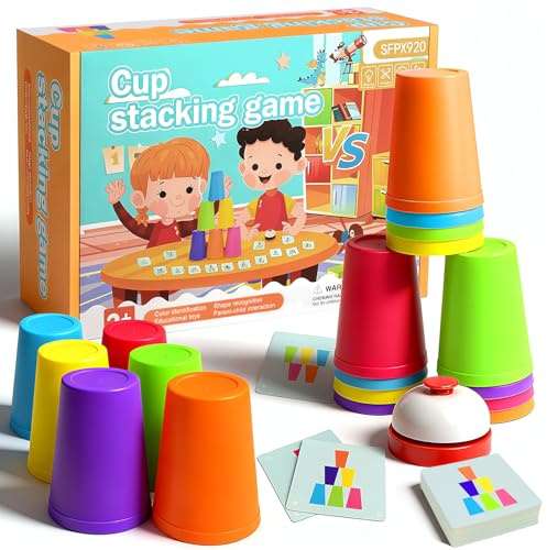 Yizemay Stacking Cups Spiele, Becher Stapeln Training Stapelbecher Speed Spielzeug, Klassisches Stapelbecherspiel, Interaktive Stapelturm mit 12 Speed Cups Spiel, 50 Karten für Kinder und Erwachsene