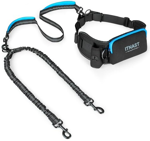 ITNAST Hands Free Double Dog Leash Tangle Free, Lumbar Support Dual Leash for Medium Large 2 Dogs With Bungee, Waist Bag, Padded Handles,Reflective Stitching for Dog Walking, Jogging, Hiking, Training