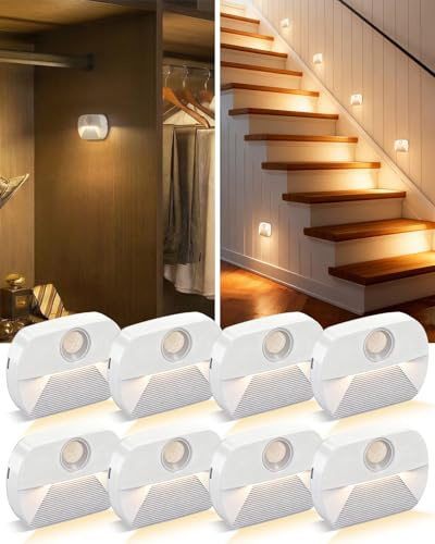 LED-nattlampa med rörelsedetektor, 8 stycken barn rörelseljus batteridriven, inomhus trappbelysning, bil på/av sensor ljus för hall, skåp, badrum, vardagsrum, sovrum, varm vit