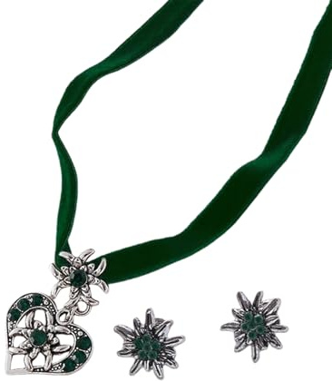 Oktoberfest Trachtenschmuck Damen Trachtenschmuck Oktoberfest Halskette Ohrringe Herz Edelweiss Dirndl Bayerisch Dirndl Trachtenkette Dirndl Trachtenschmuck (Grün)