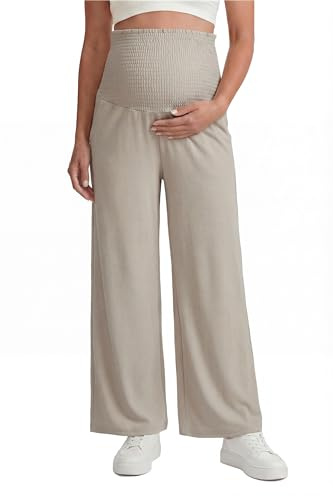 OUGES Women's Lyocell Cotton Maternity Pants Stretchy Smocked Waist Wide Leg Casual Workout Palazzo Scrub Trousers Lounge Pants with Pockets Pregnancy Maternity Outfits Clothes 2026(Khaki,L)