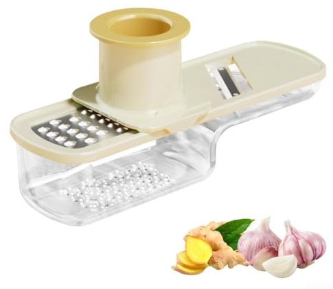 Feeshoppher Macina aglio e affettaverdure 3 in 1 con lame in acciaio inox per affettare triturazione e macinazione, include contenitore trasparente e scatola portaoggetti per lame (bianco)