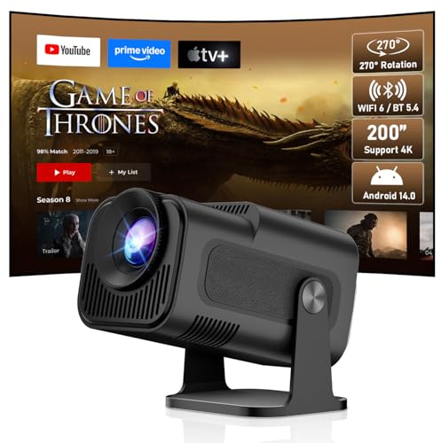 ZDSSY Miniprojektor 4k 1080P stöd, miniprojektor bärbar med WiFi6 BT5.4, bärbar video, smart projektor, automatisk korrigering och manuell Fokus, hemmabio, kompatibel med PC/TV-stick/USB/PS5, svart