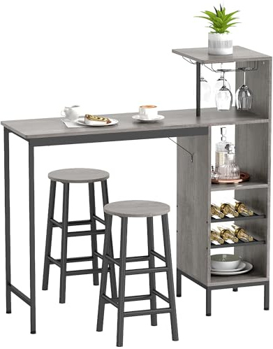 HOMCOM 3 Pieces Dining Room Set 6-Tier for Small Spaces Natural Wood Finish | Dining Table with Storage Shelves, Wine Racks, Glass Holders, 2 Round Stools with Footrest, Kitchen, Dining Room