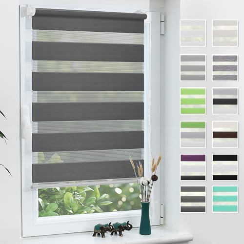 Grandekor Doppelrollo Klemmfix ohne Bohren 75x150cm Stoffbreite 75cm Anthrazit Fenster Rollos für innen Klemmrollos Duo Rollos für Fenster ohne Bohren mit Bohren Privatschutz UV-Schutz Zebrarollo