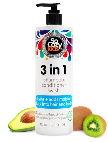 SoCozy 3 in 1 Kids Shampoo + Conditioner + Body Wash (16 Fl Oz) Gentle, Hydrating Hair & Body Cleanser with Keratin, Vitamin B5, & Kiwi Extract, Paraben & Sulfate-Free