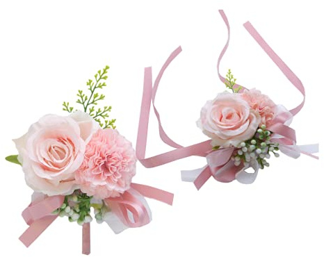 Rikyo 2 Pack Flower Wrist Corsage Boutonniere Set,3 Artificial Rose&Carnation Wrist Corsage Men Boutonniere Set,Handmade Silk Flower for Wedding Flowers Accessories Prom Suit Decor (Pink)